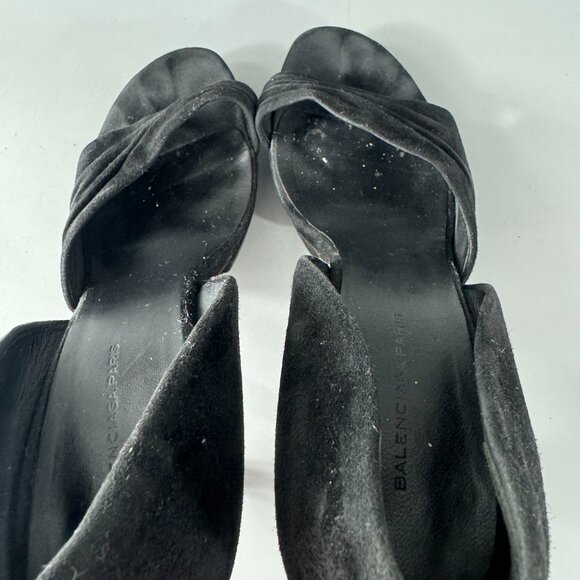 Authentic Balenciaga Strappy Open-Toe Black Suede Pumps, Size 38